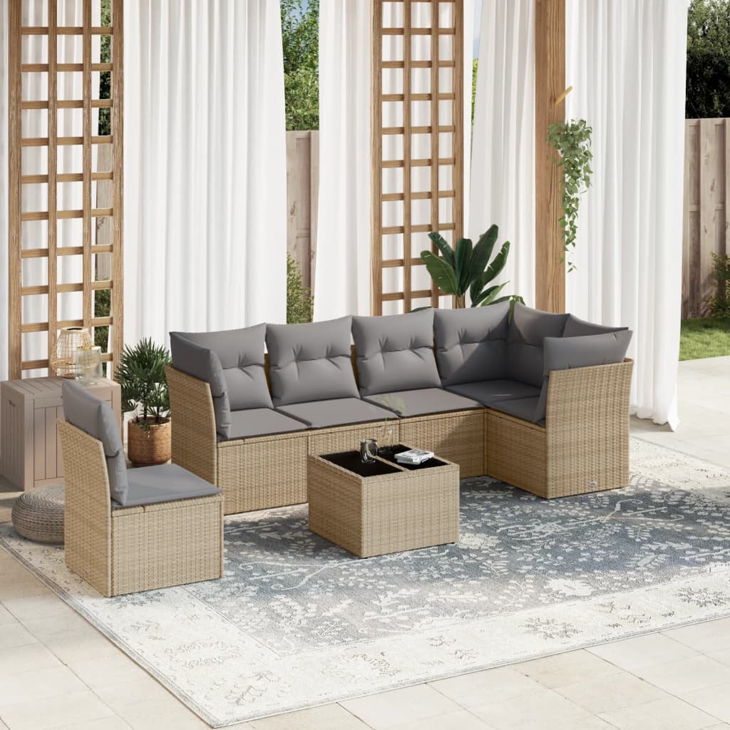 Set Divani da Giardino 7 pz con Cuscini Beige in Polyrattan - homemem39
