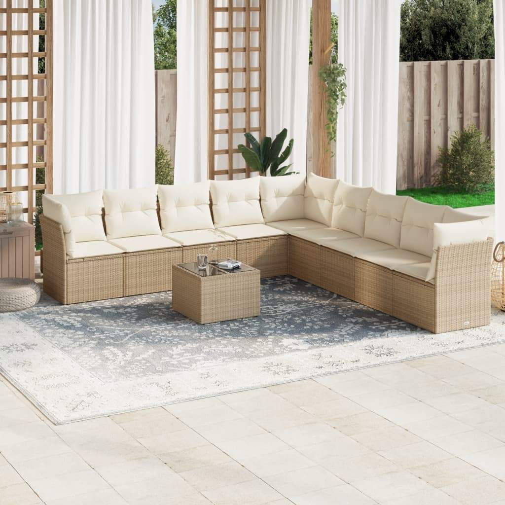 Set Divano da Giardino 10 pz con Cuscini Beige in Polyrattan - homemem39