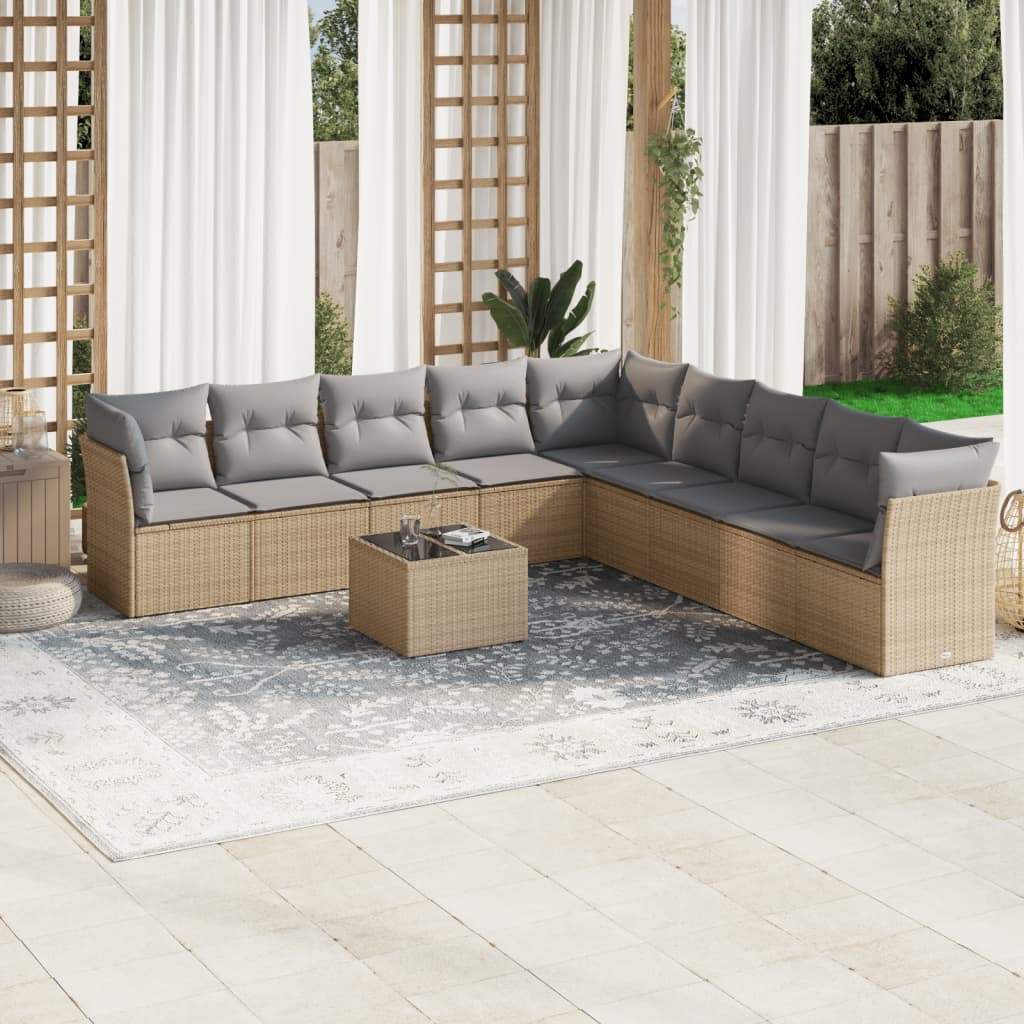 Set Divano da Giardino 10 pz con Cuscini Beige in Polyrattan - homemem39