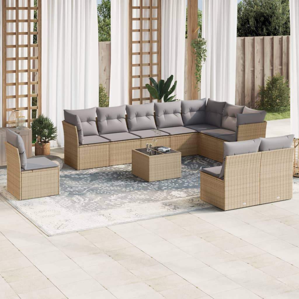 Set Divani da Giardino 11 pz con Cuscini Beige in Polyrattan - homemem39