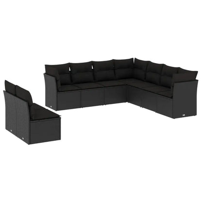 Set Divani da Giardino 9 pz con Cuscini Nero in Polyrattan - homemem39