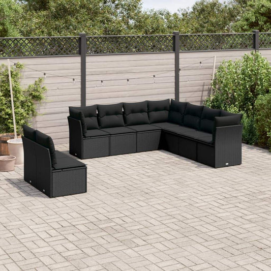 Set Divani da Giardino 9 pz con Cuscini Nero in Polyrattan - homemem39