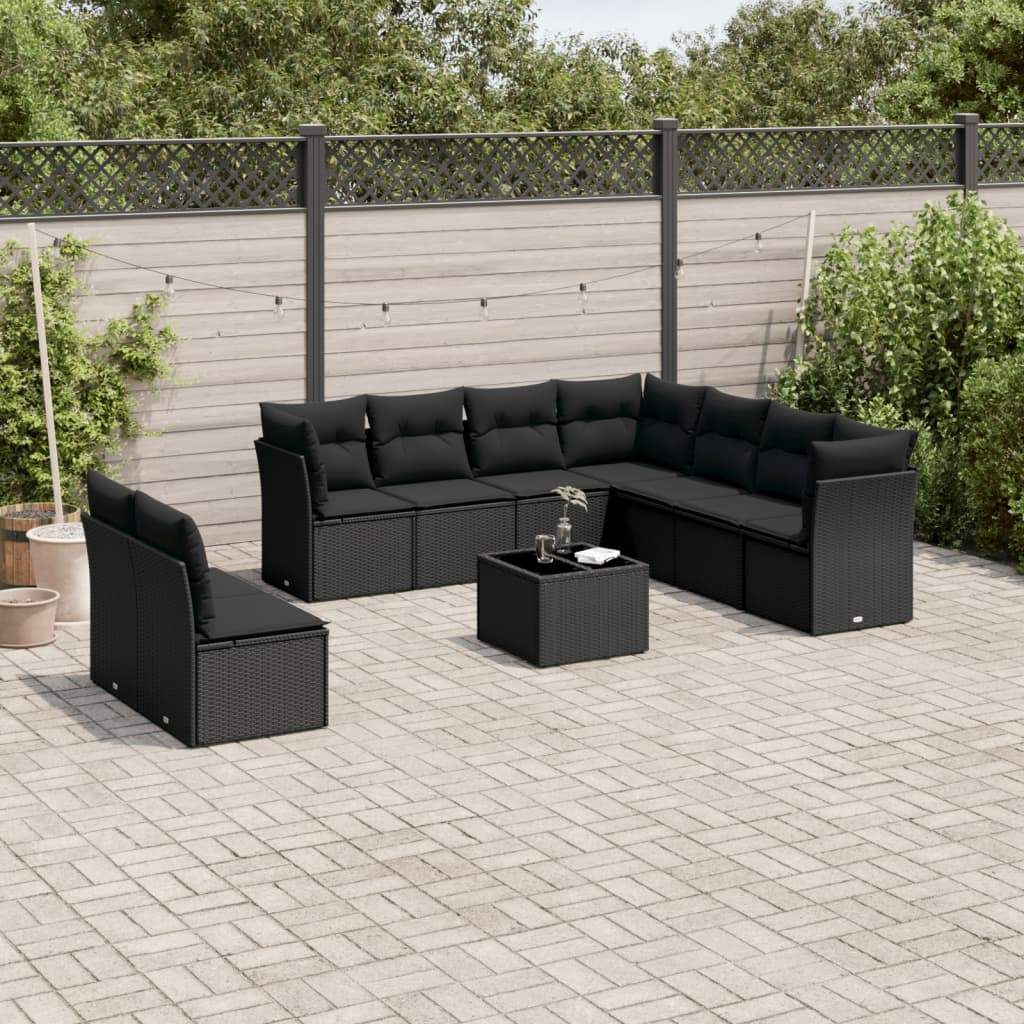 Set Divani da Giardino 10pz con Cuscini in Polyrattan Nero - homemem39