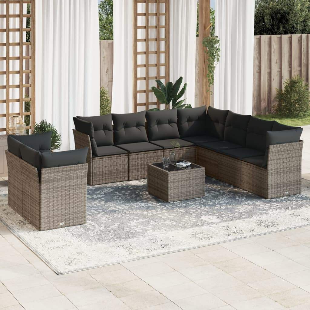 Set Divano da Giardino 10 pz con Cuscini Grigio in Polyrattan - homemem39