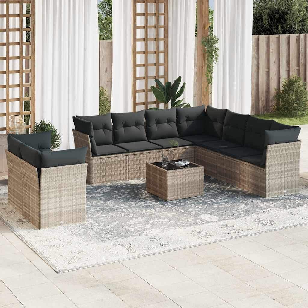 Set Divano Giardino 10 pz con Cuscini Grigio Chiaro Polyrattan - homemem39