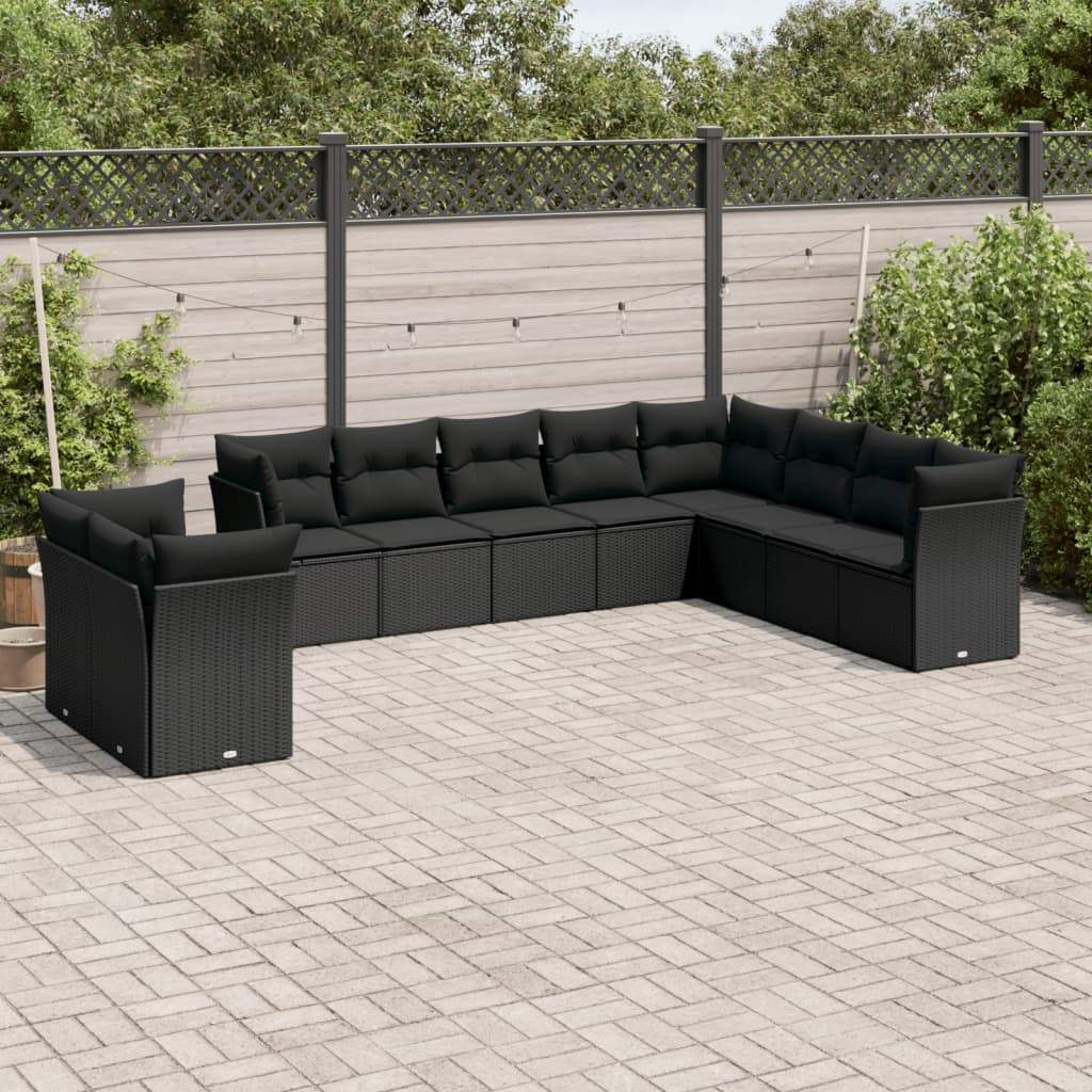Set Divani da Giardino 10pz con Cuscini in Polyrattan Nero - homemem39