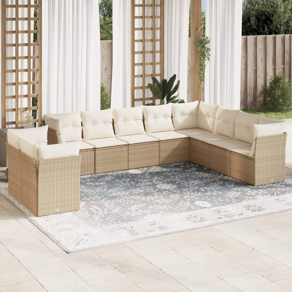 Set Divano da Giardino 10 pz con Cuscini Beige in Polyrattan - homemem39