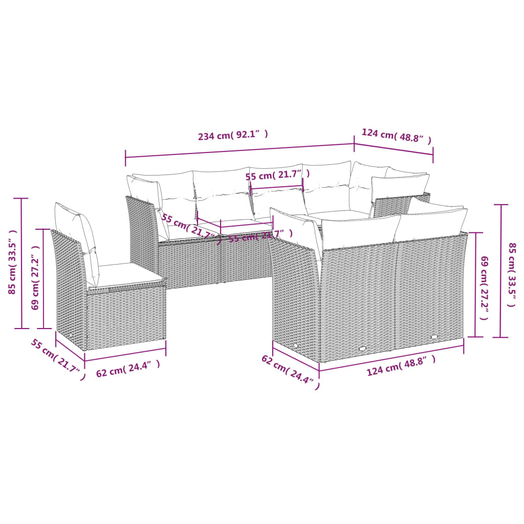 Set Divano da Giardino 8 pz con Cuscini Grigio in Polyrattan | homemem39