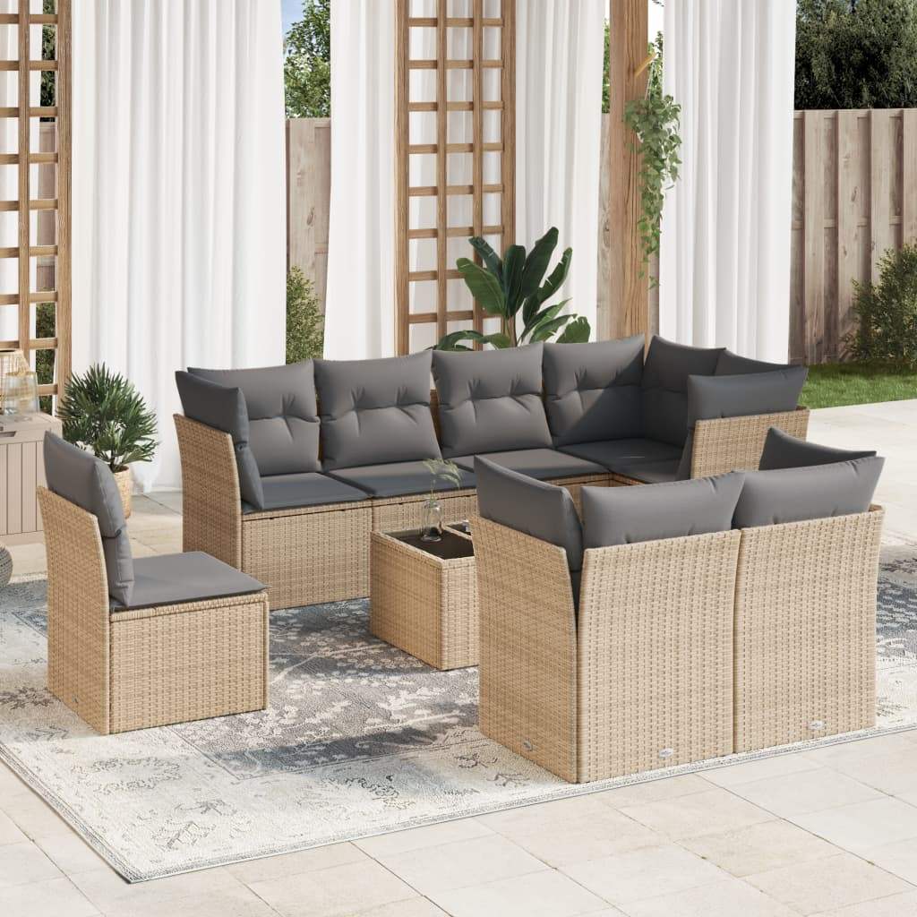 Set Divano da Giardino 9 pz con Cuscini Beige in Polyrattan - homemem39