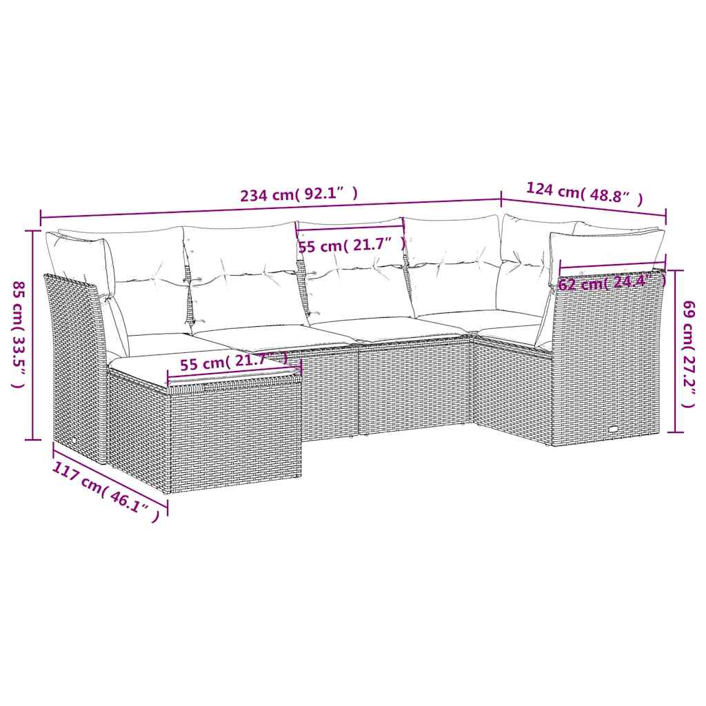 Set Divano da Giardino 6 pz con Cuscini Marrone in Polyrattan