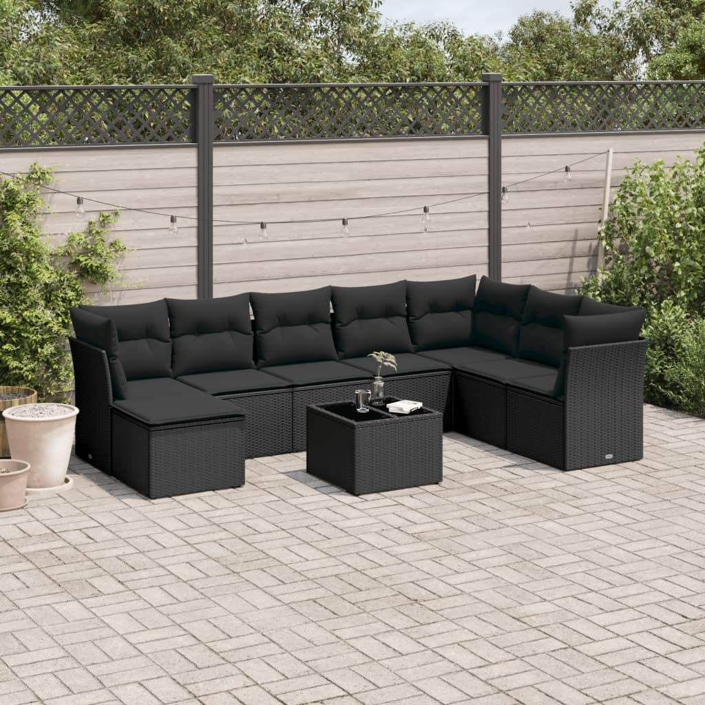 Set Divani da Giardino 9 pz con Cuscini Nero in Polyrattan - homemem39