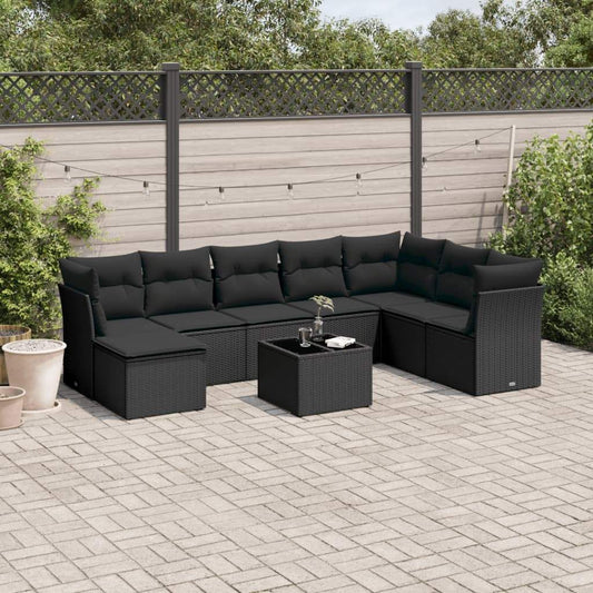 Set Divani da Giardino 9 pz con Cuscini Nero in Polyrattan - homemem39