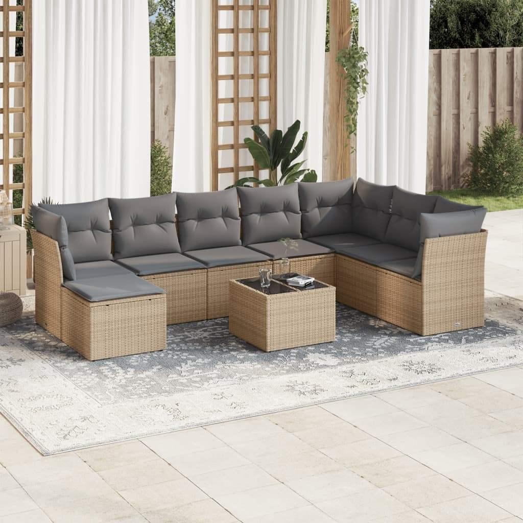 Set Divano da Giardino 9 pz con Cuscini Beige in Polyrattan - homemem39