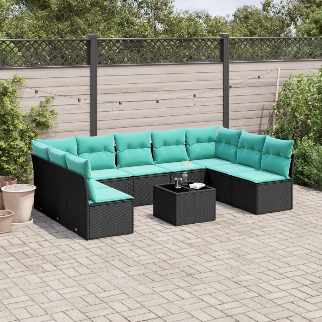 Set Divani da Giardino 10 pz con Cuscini Nero in Polyrattan