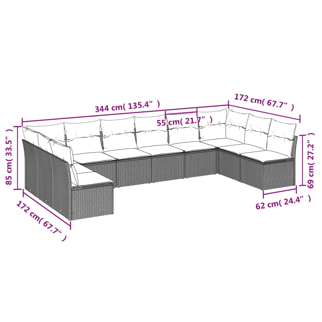 Set Divani da Giardino 10pz con Cuscini in Polyrattan Nero | homemem39