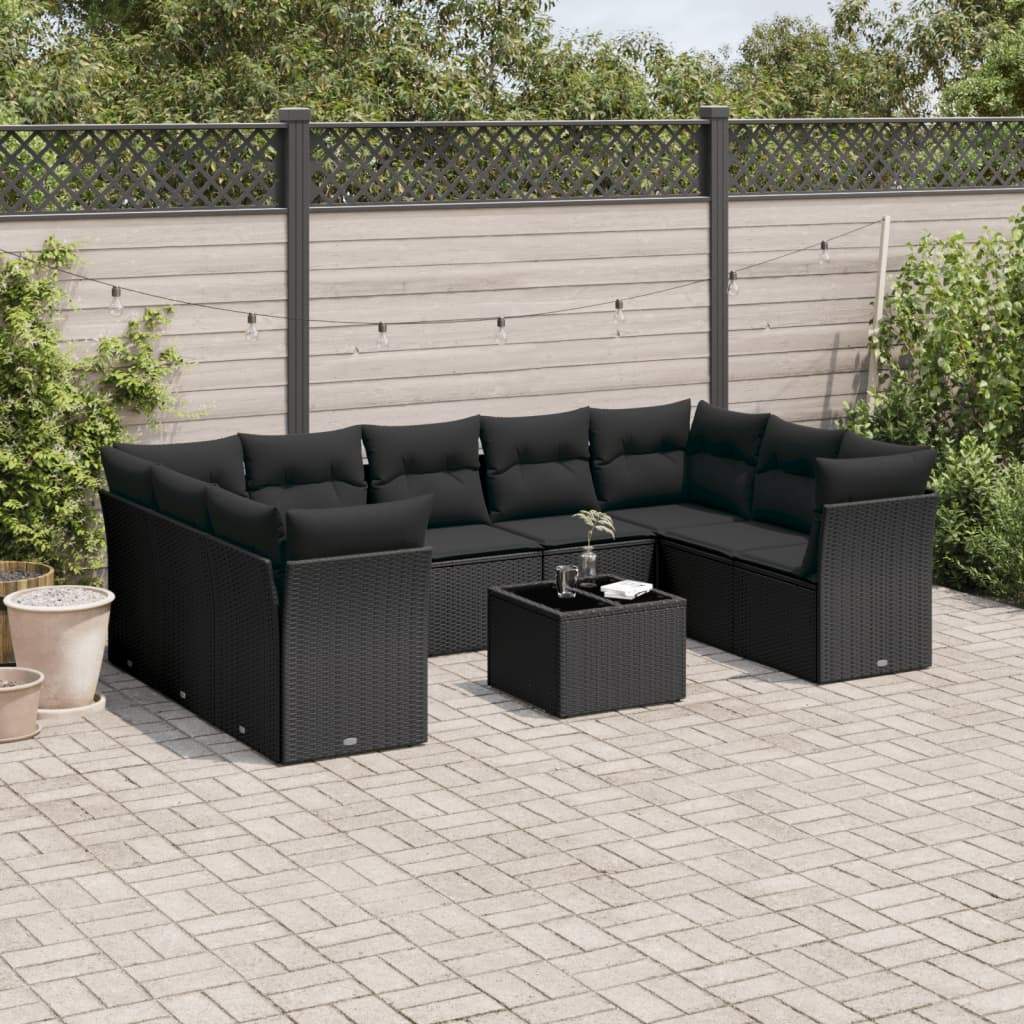 Set Divani da Giardino 10pz con Cuscini in Polyrattan Nero - homemem39