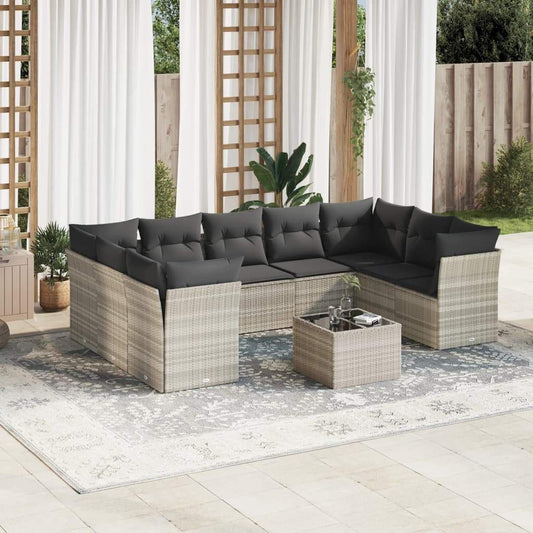 Set Divano Giardino 10 pz con Cuscini Grigio Chiaro Polyrattan - homemem39