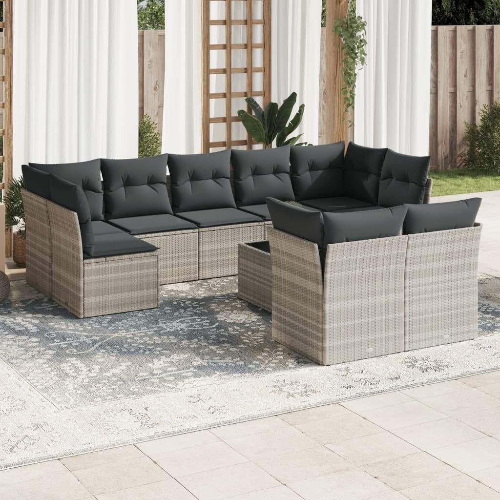 Set Divano Giardino 10 pz con Cuscini Grigio Chiaro Polyrattan - homemem39