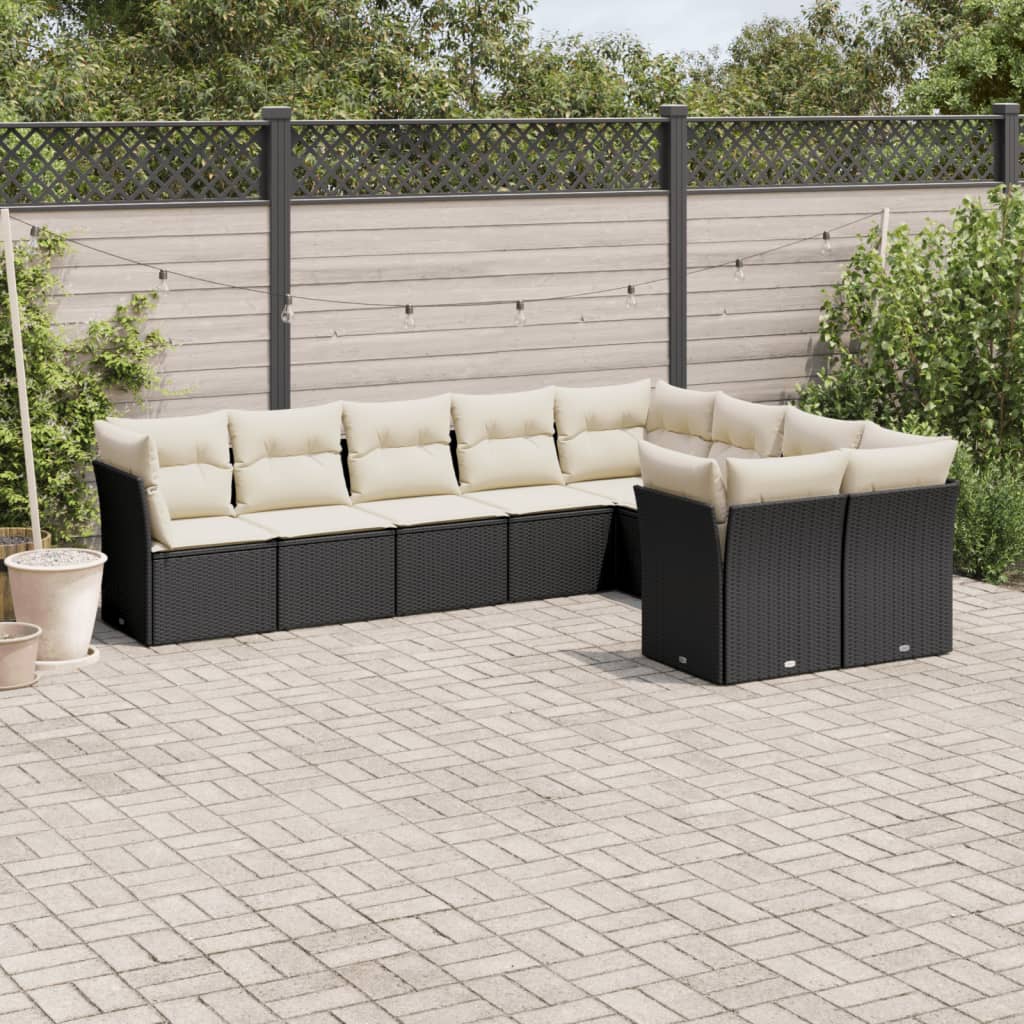 Set Divani da Giardino 9 pz con Cuscini Nero in Polyrattan - homemem39