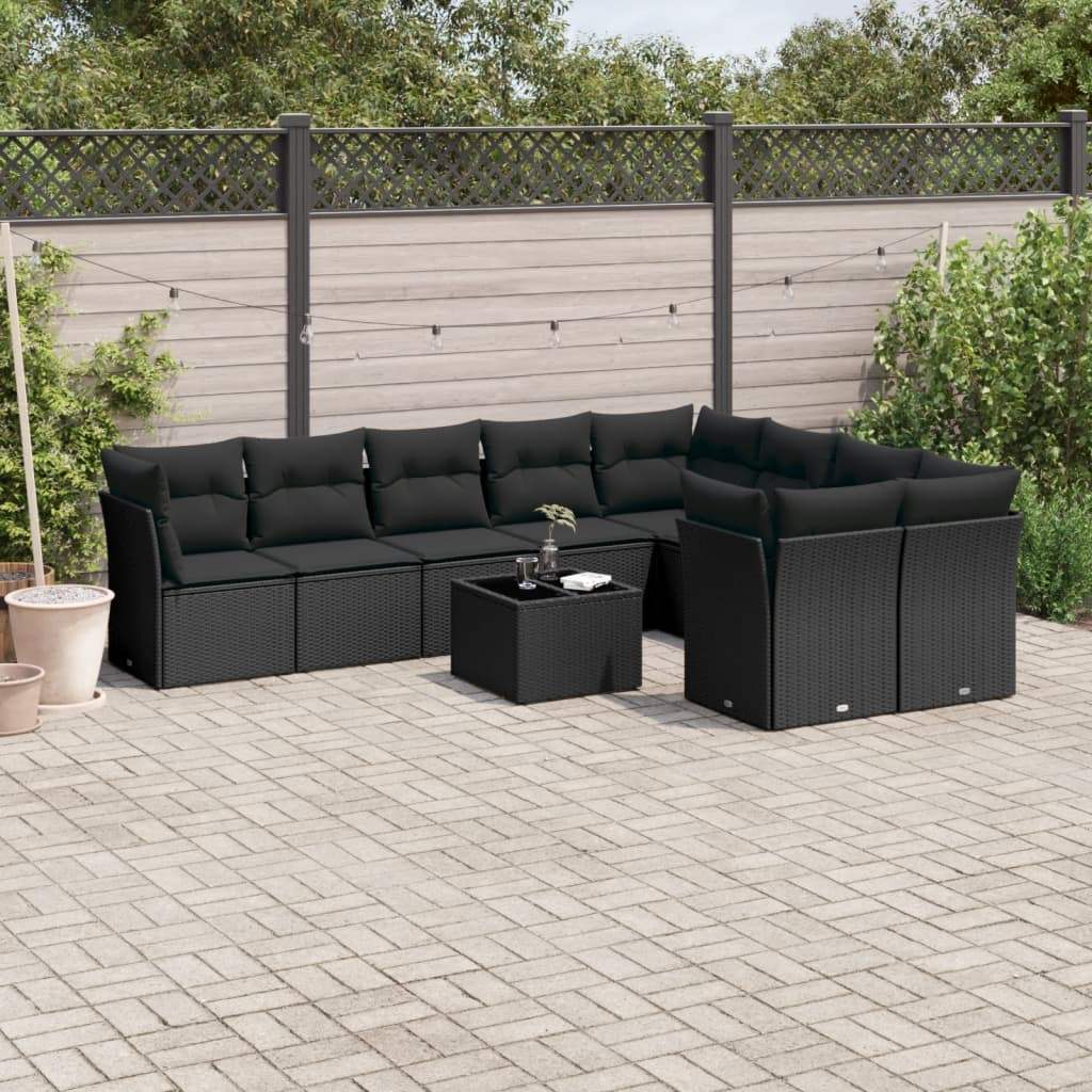 Set Divani da Giardino 10pz con Cuscini in Polyrattan Nero - homemem39