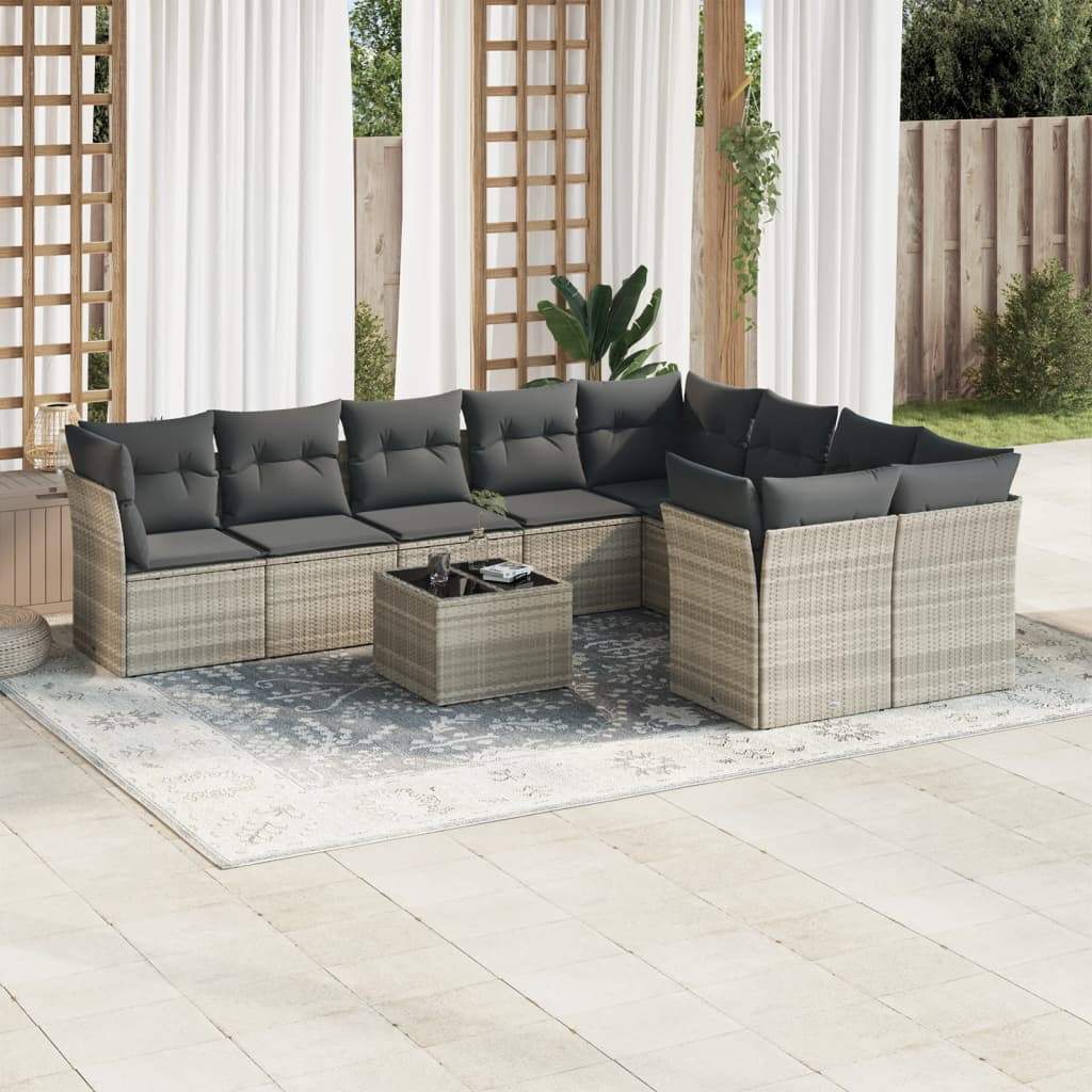 Set Divano Giardino 10 pz con Cuscini Grigio Chiaro Polyrattan - homemem39