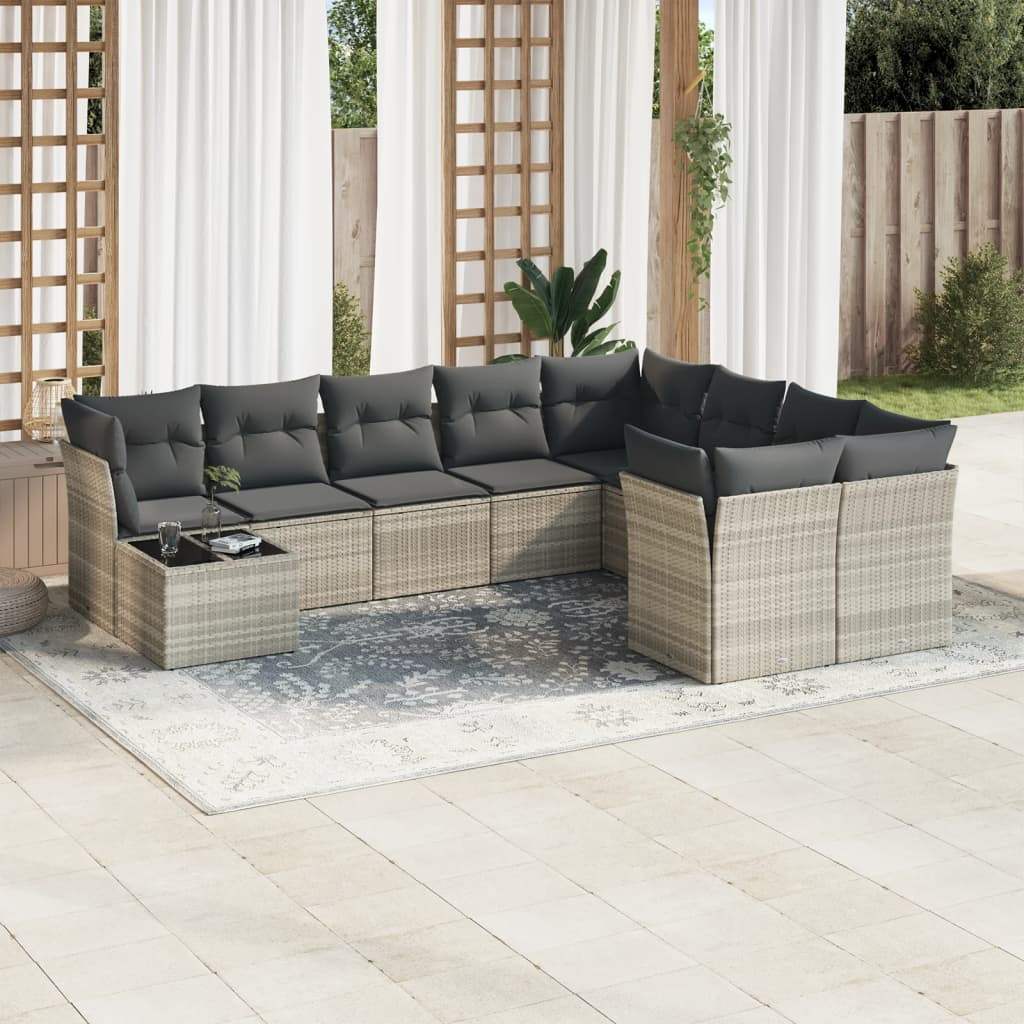 Set Divano Giardino 10 pz con Cuscini Grigio Chiaro Polyrattan - homemem39