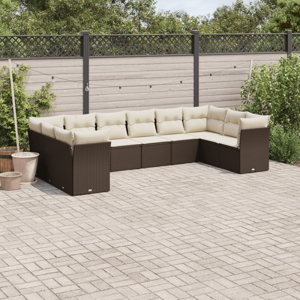 Set Divani da Giardino 10pz con Cuscini in Polyrattan Marrone - homemem39