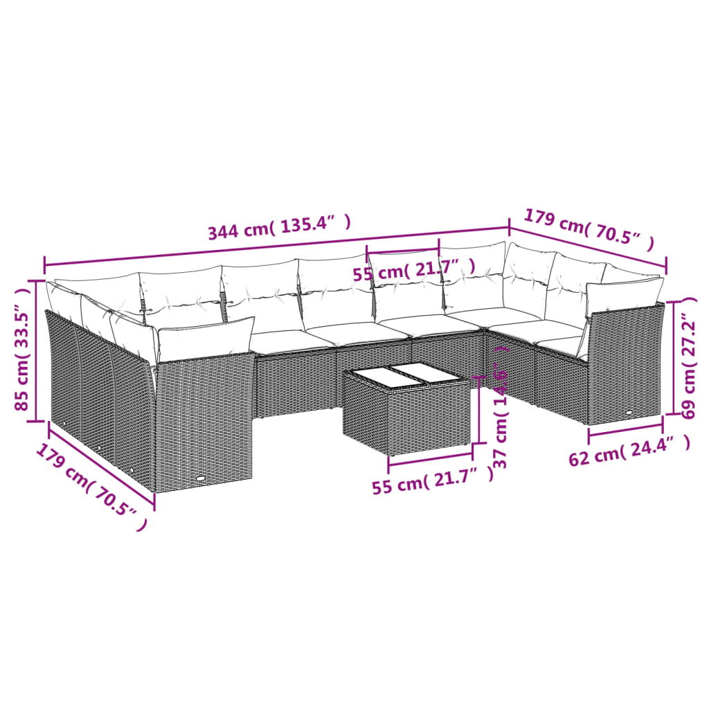 Set Divani da Giardino 11 pz con Cuscini Polyrattan Marrone | homemem39
