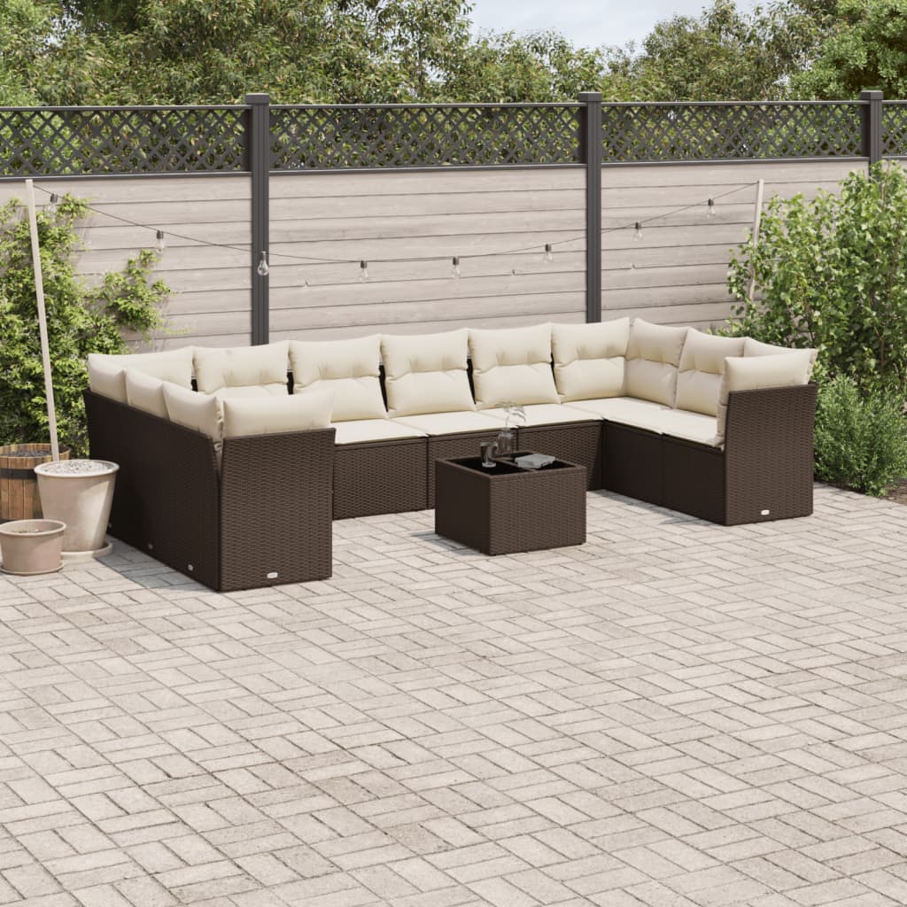 Set Divani da Giardino 11 pz con Cuscini Polyrattan Marrone | homemem39
