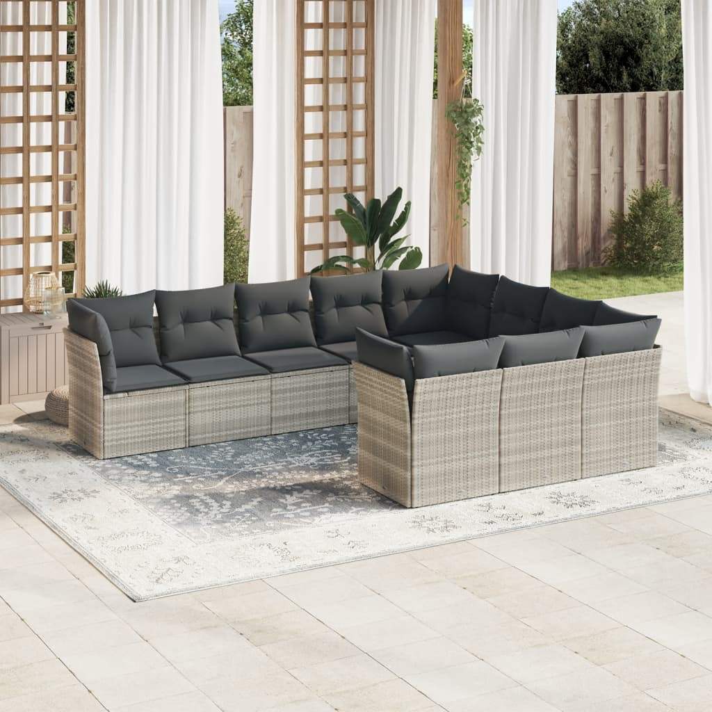 Set Divano Giardino 10 pz con Cuscini Grigio Chiaro Polyrattan - homemem39
