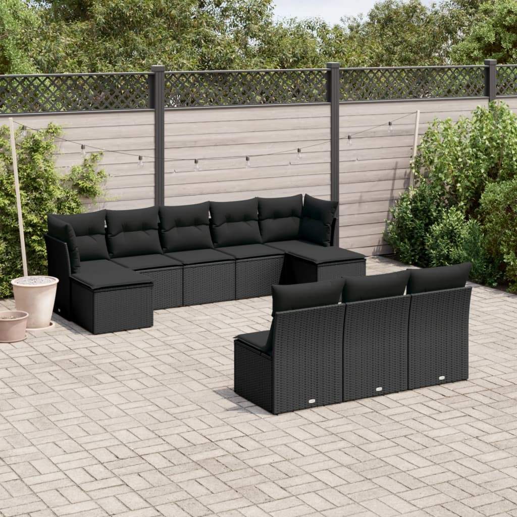 Set Divani da Giardino 10pz con Cuscini in Polyrattan Nero - homemem39
