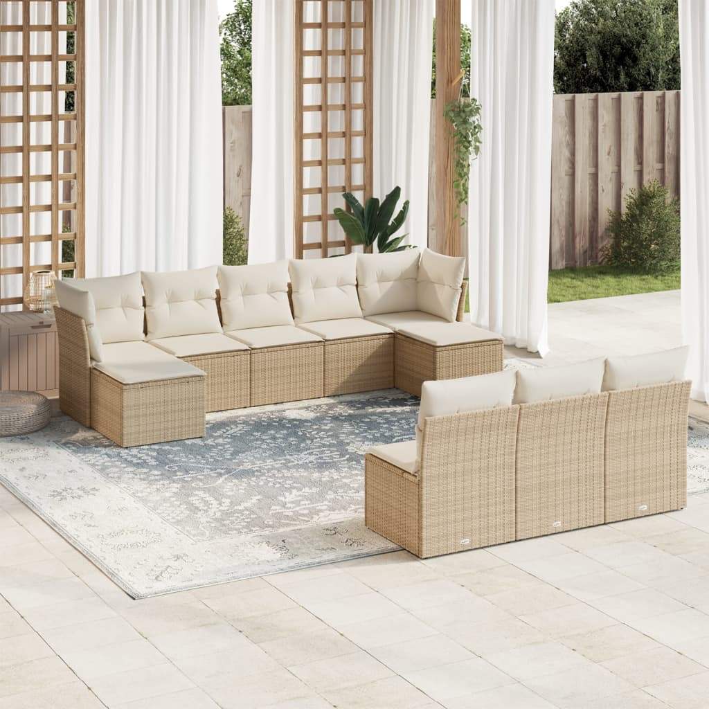 Set Divano da Giardino 10 pz con Cuscini Beige in Polyrattan - homemem39