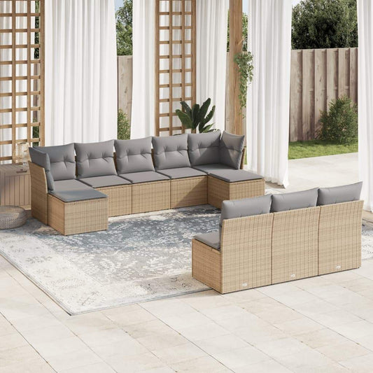 Set Divano da Giardino 10 pz con Cuscini Beige in Polyrattan - homemem39
