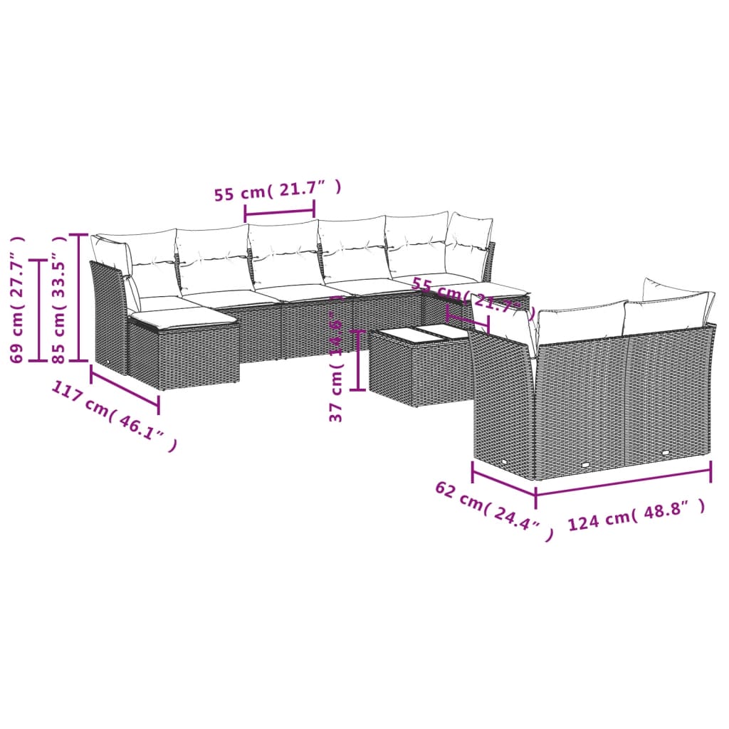 Set Divani da Giardino 10pz con Cuscini in Polyrattan Nero | homemem39