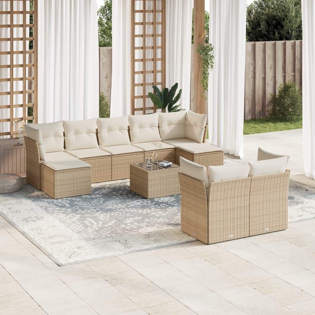 Set Divano da Giardino 10 pz con Cuscini Beige in Polyrattan - homemem39