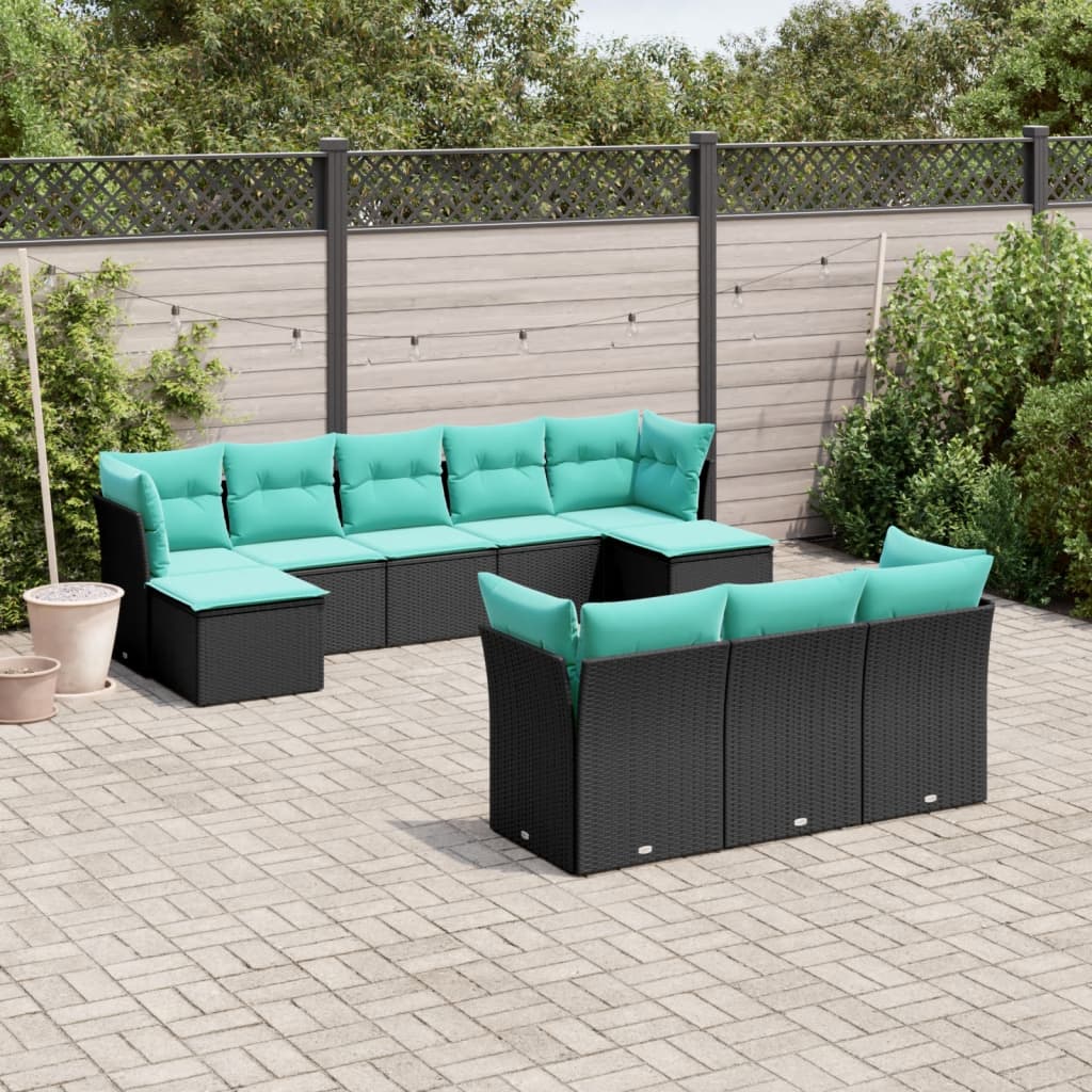 Set Divani da Giardino 10 pz con Cuscini Nero in Polyrattan | homemem39