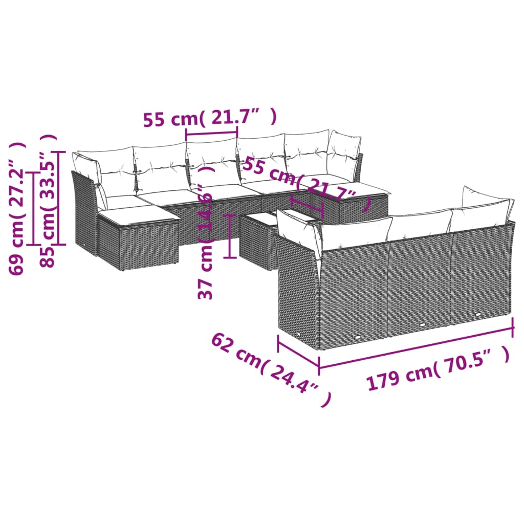 Set Divani da Giardino 11 pz con Cuscini Marrone in Polyrattan
