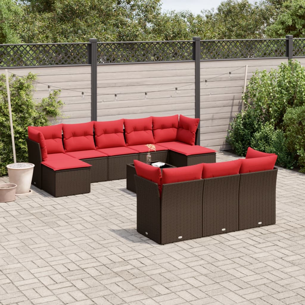 Set Divani da Giardino 11 pz con Cuscini Marrone in Polyrattan