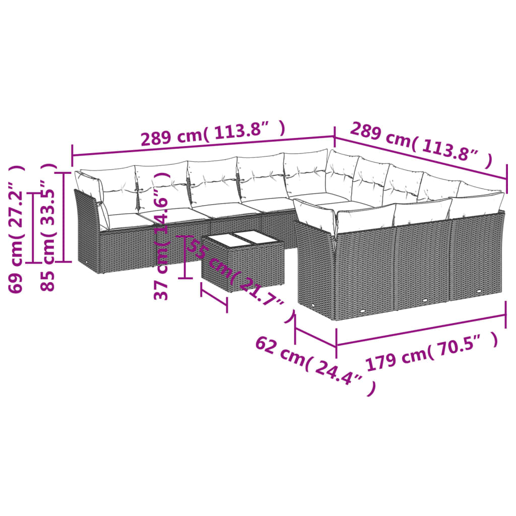 Set Divani da Giardino 12 pz con Cuscini Marrone in Polyrattan | homemem39