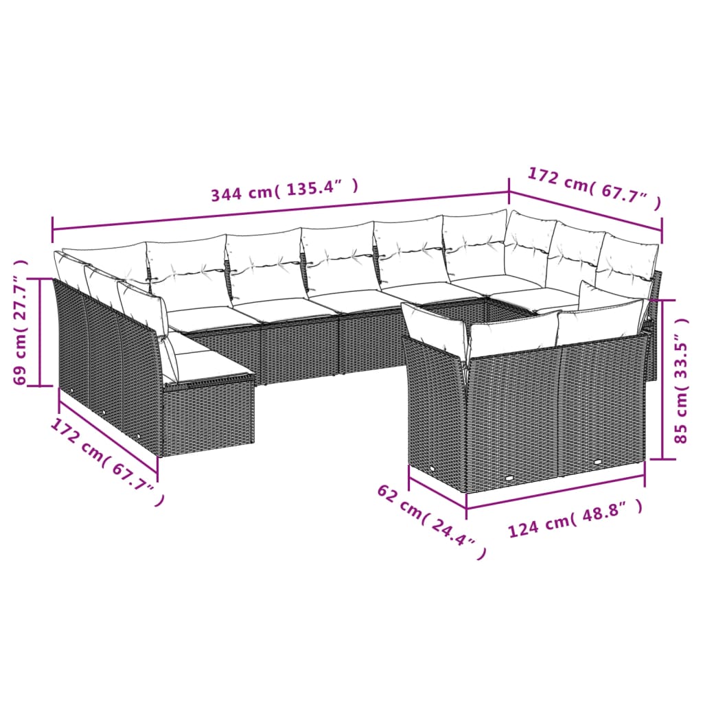 Set Divani da Giardino 12 pz con Cuscini Marrone in Polyrattan | homemem39