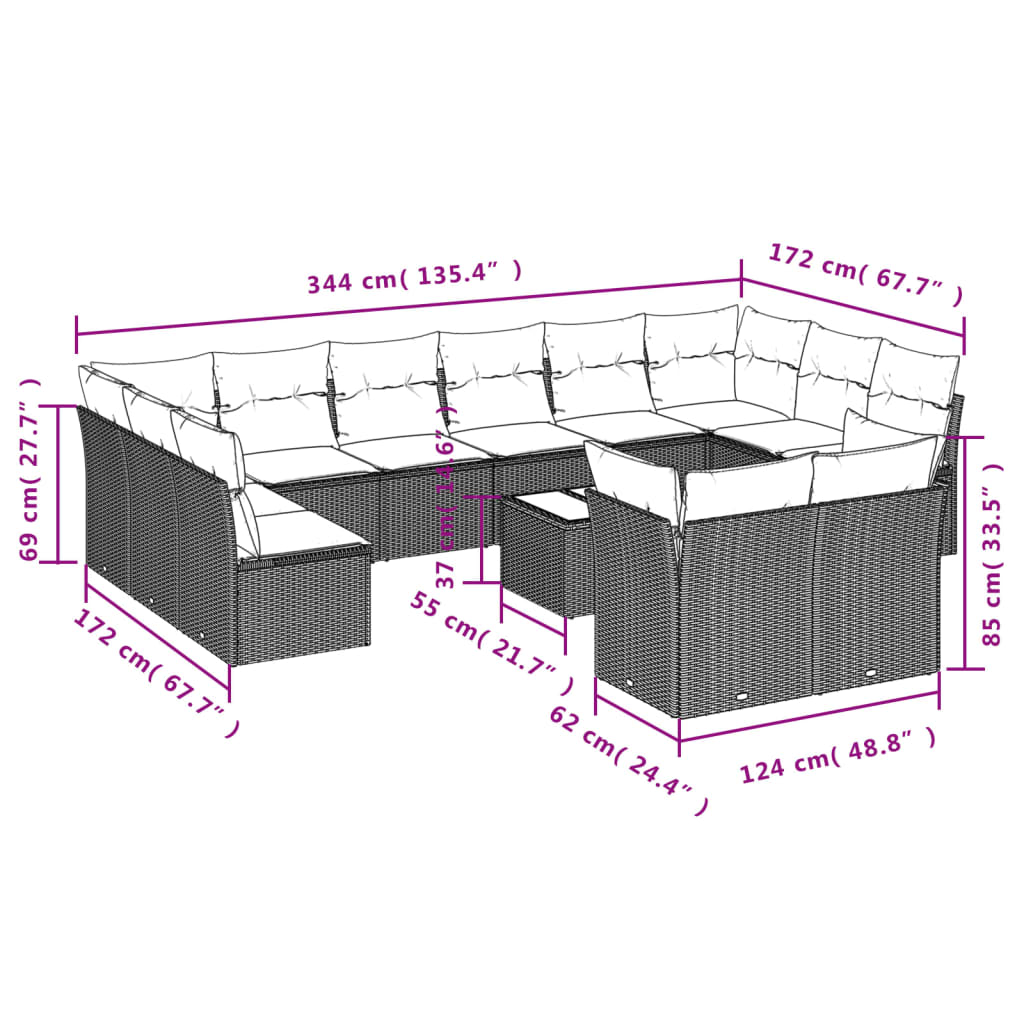 Set Divano da Giardino 13 pz con Cuscini Beige in Polyrattan