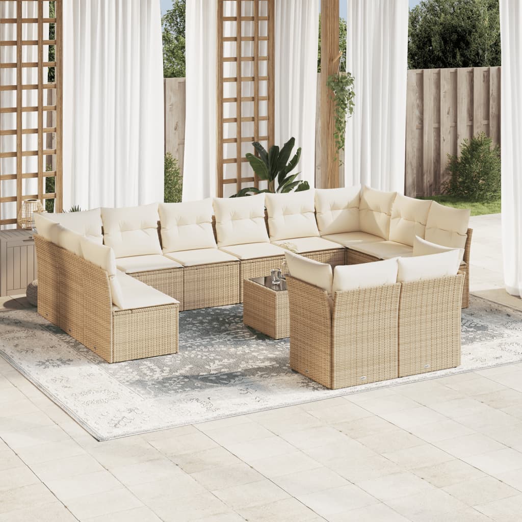 Set Divano da Giardino 13 pz con Cuscini Beige in Polyrattan