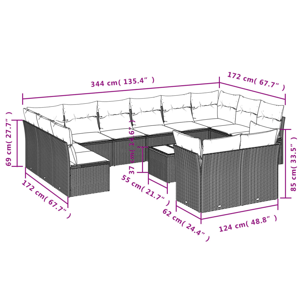 Set Divano da Giardino 13 pz con Cuscini Beige in Polyrattan