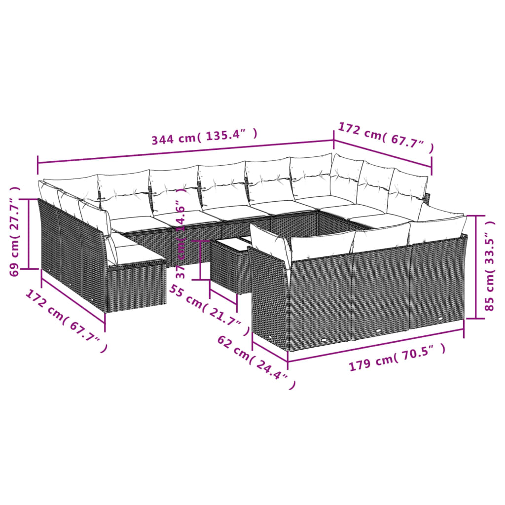 Set Divani da Giardino 14 pz con Cuscini Nero in Polyrattan | homemem39