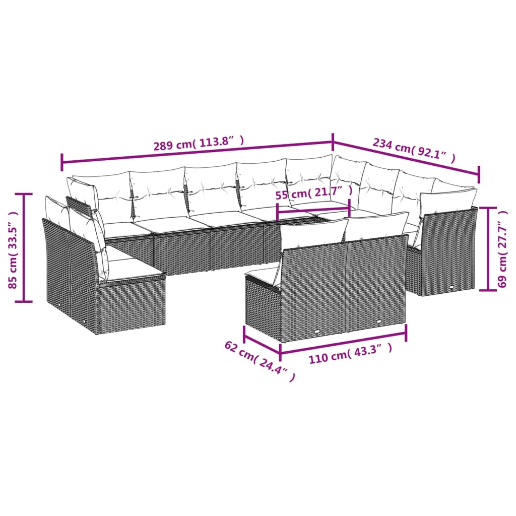 Set Divani da Giardino 12 pz con Cuscini Beige in Polyrattan