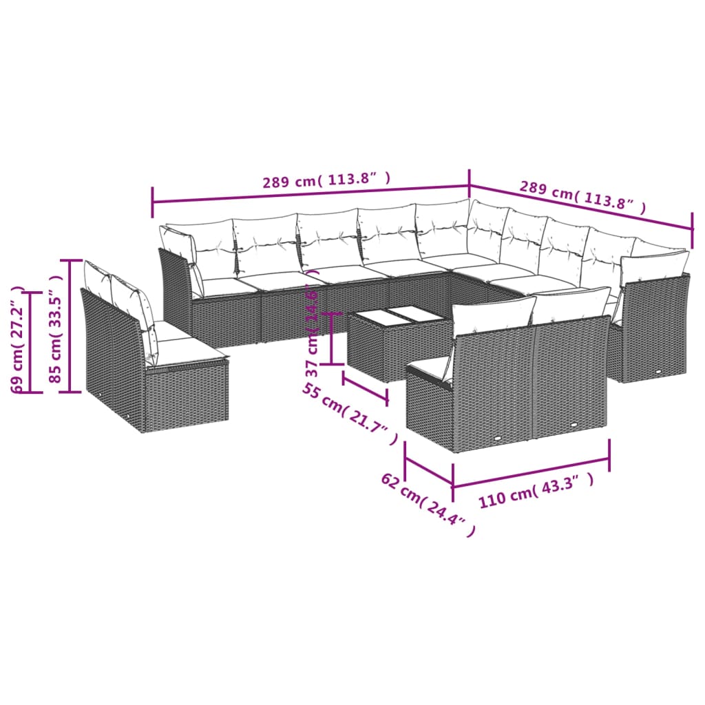 Set Divani da Giardino 14pz con Cuscini in Polyrattan Nero | homemem39