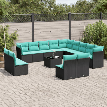 Set Divani da Giardino 14 pz con Cuscini Nero in Polyrattan