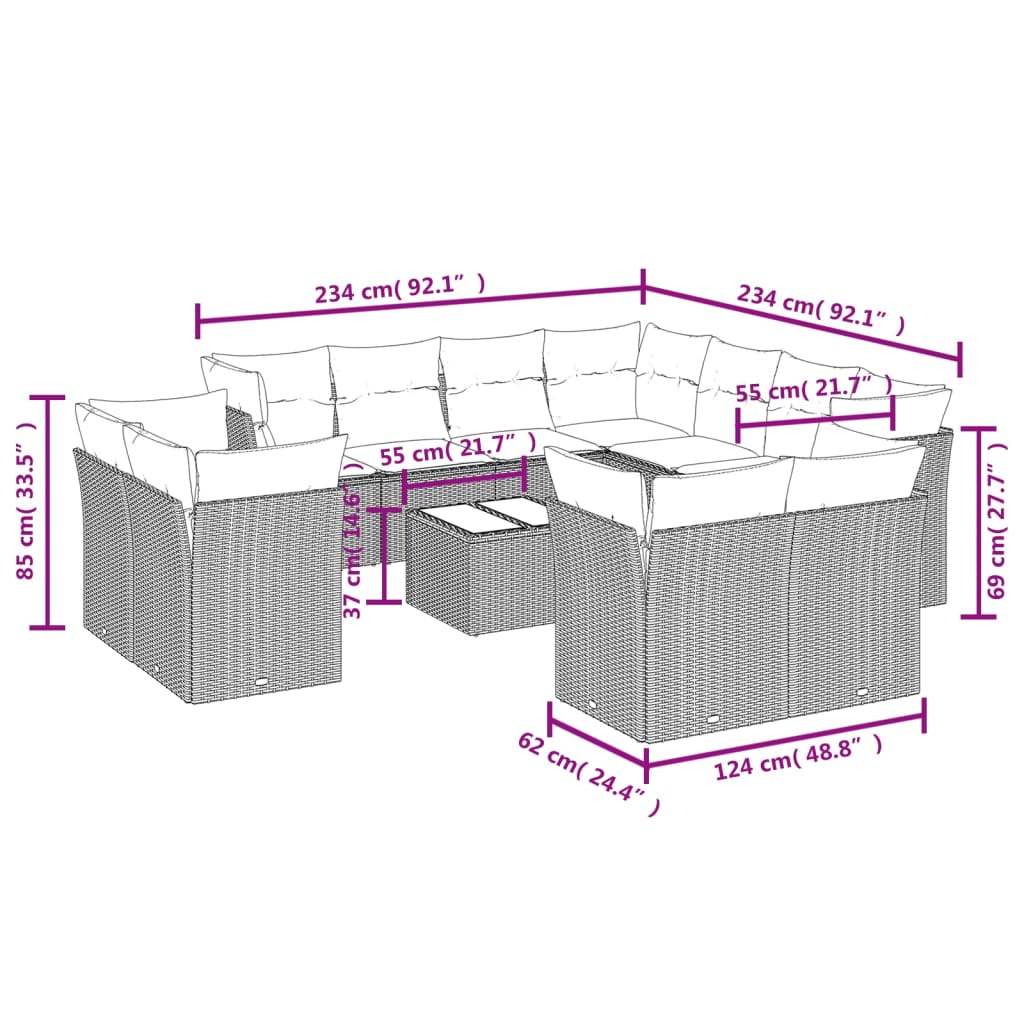 Set Divani da Giardino 12 pz con Cuscini Nero in Polyrattan
