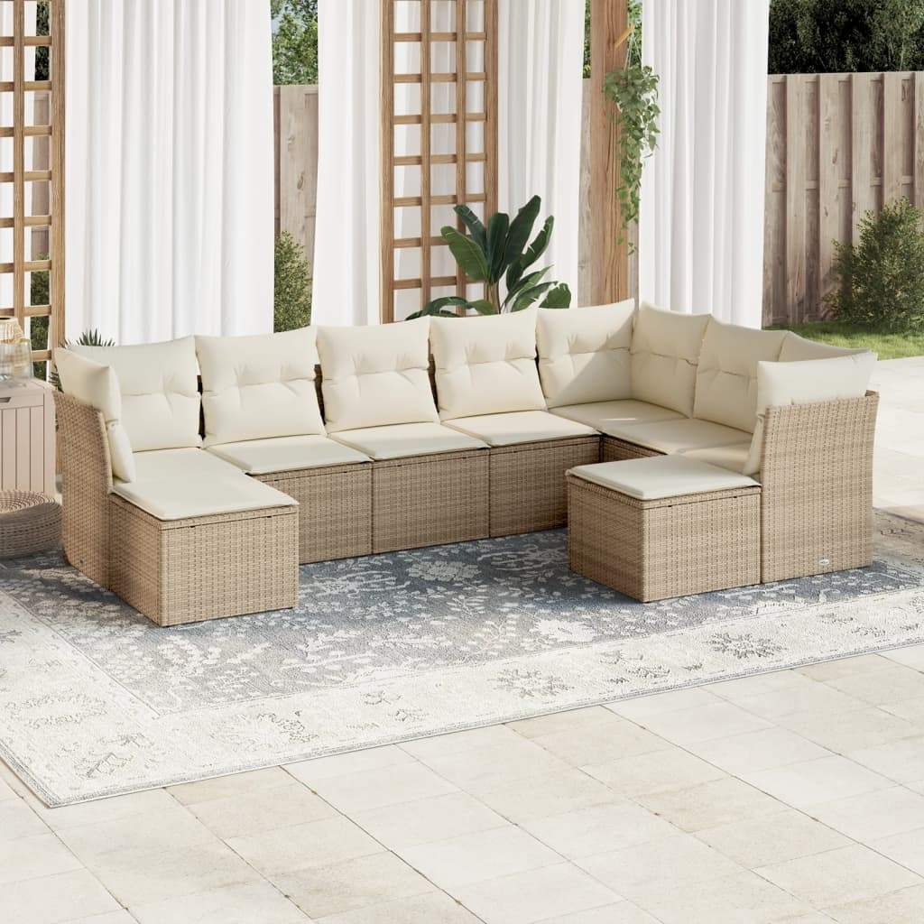 Set Divano da Giardino 9 pz con Cuscini Beige in Polyrattan - homemem39