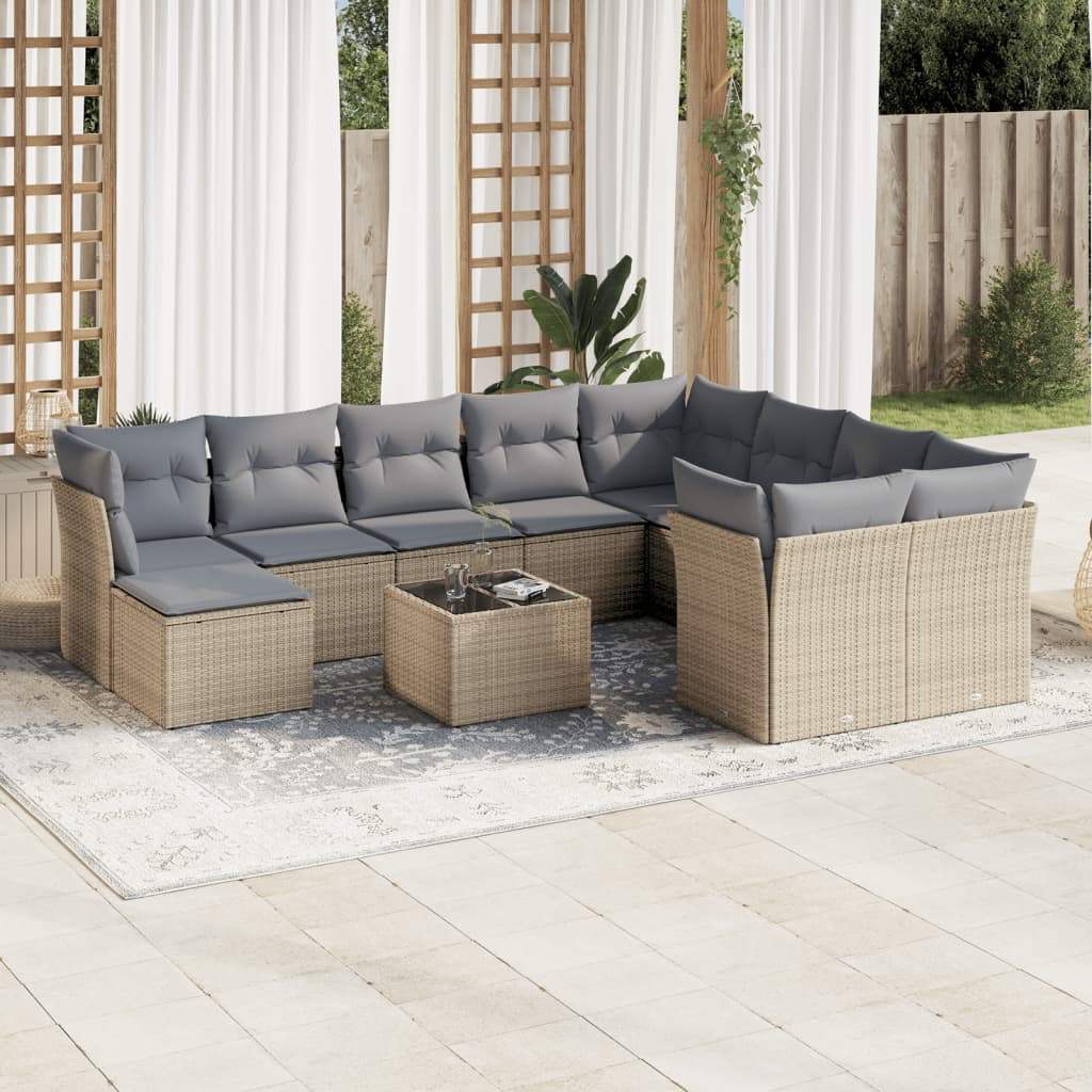 Set Divani da Giardino 11 pz con Cuscini Beige in Polyrattan - homemem39